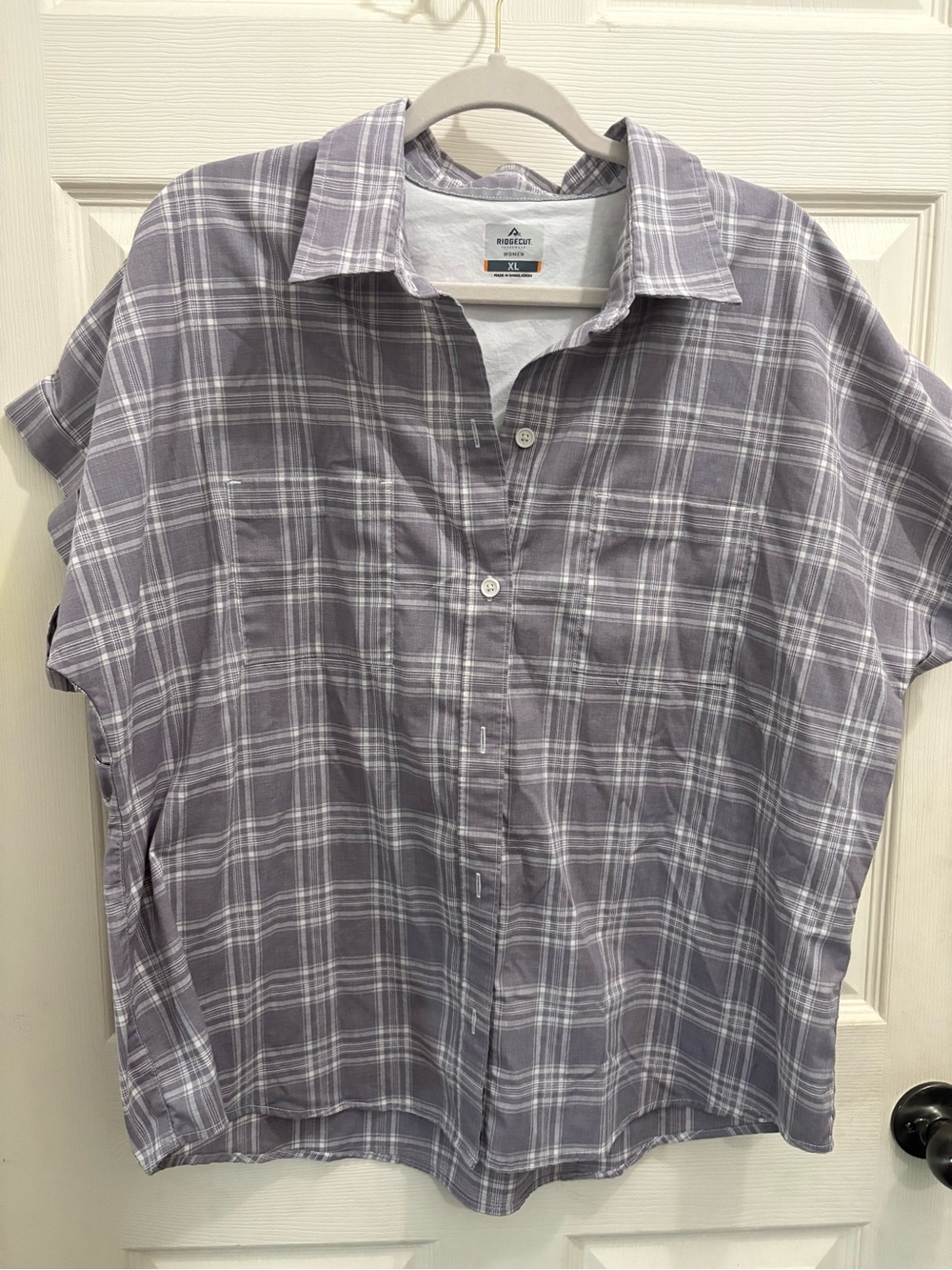 Ridgecut Toughwear Plaid Short Sleeve Work Shirt Women's XL Stretch Grey